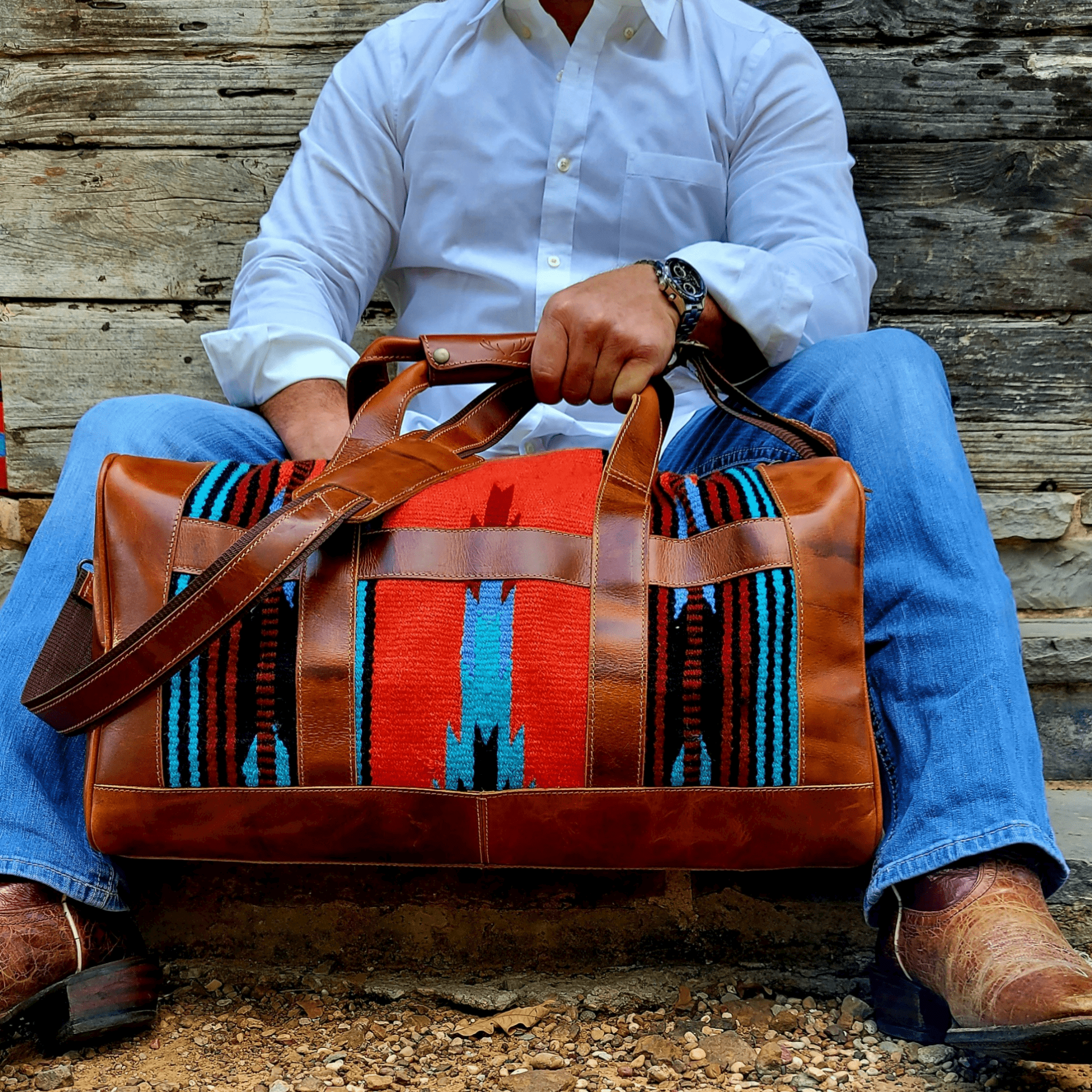 Bundle Deal - The Sedona Southwestern Leather Aztec Weekender Duffel Bag+ Large Handwoven Wool Tote - Ranch Junkie Mercantile LLC